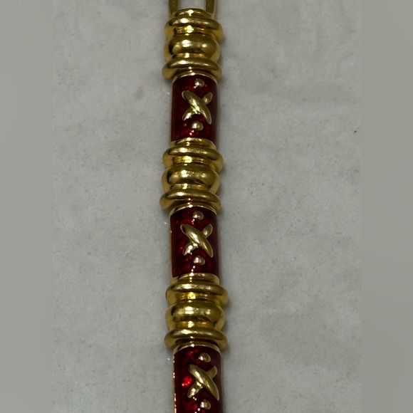 Vintage Joan Rivers Signed Red Enameled Gold Tone X Pattern Link Bracelet - Picture 7 of 9